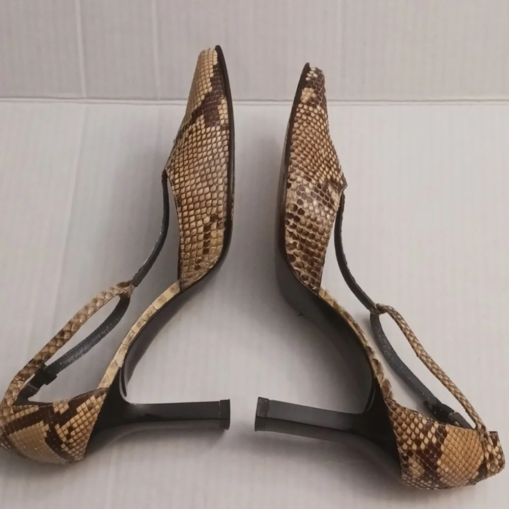 Stuart Weitzman size 7B women's snake print t-strap high-heel shoes brown cream. - Picture 7 of 17